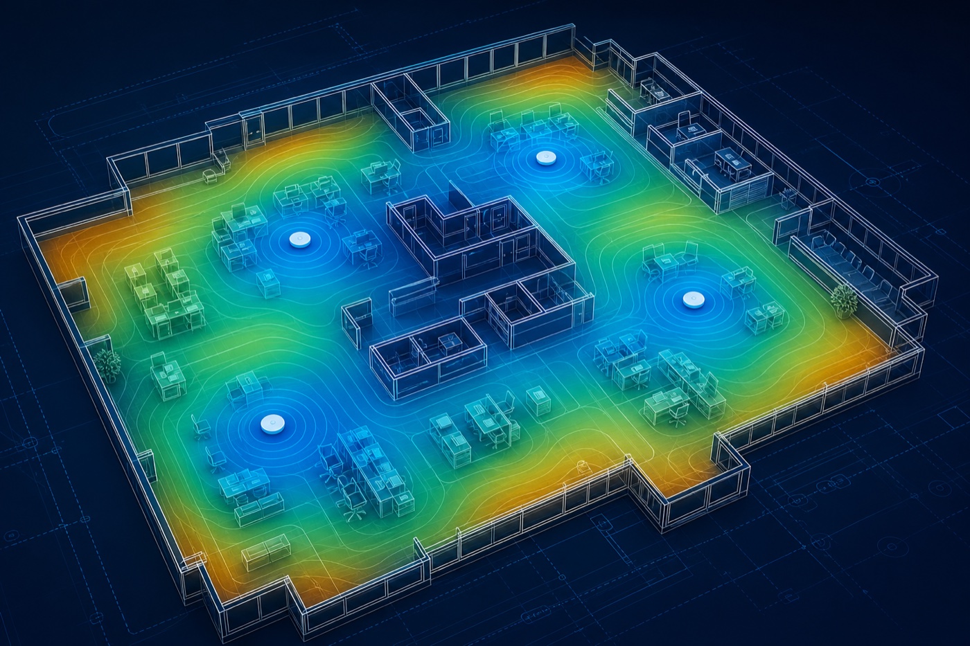 Abstract Wi-Fi heatmap showing access point coverage across an office floor plan